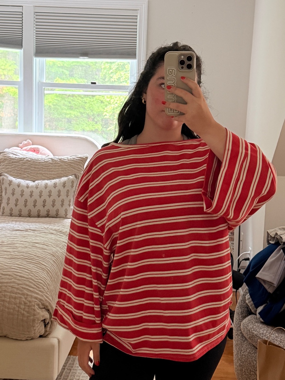 Free People Orange/Red & Cream Striped Relaxed Long Sleeve - Picture 2 of 4